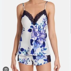 Linea Donatella Women's Satin Blue Floral Lace-Trim Pajama Set Small